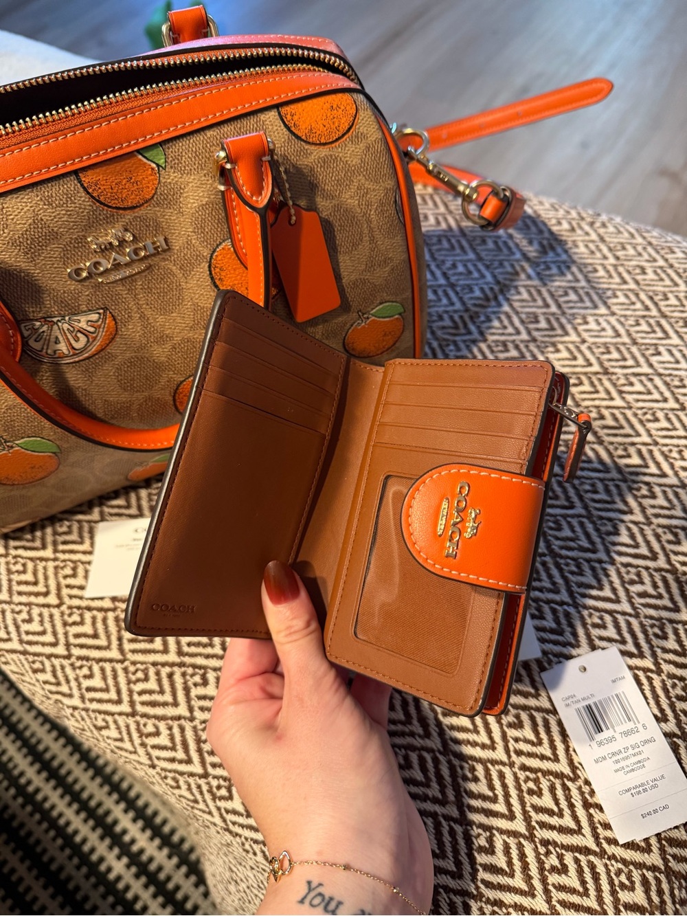 Coach Brown Signature Satchel with Orange Fruit Print and Orange Trim - Picture 5 of 5
